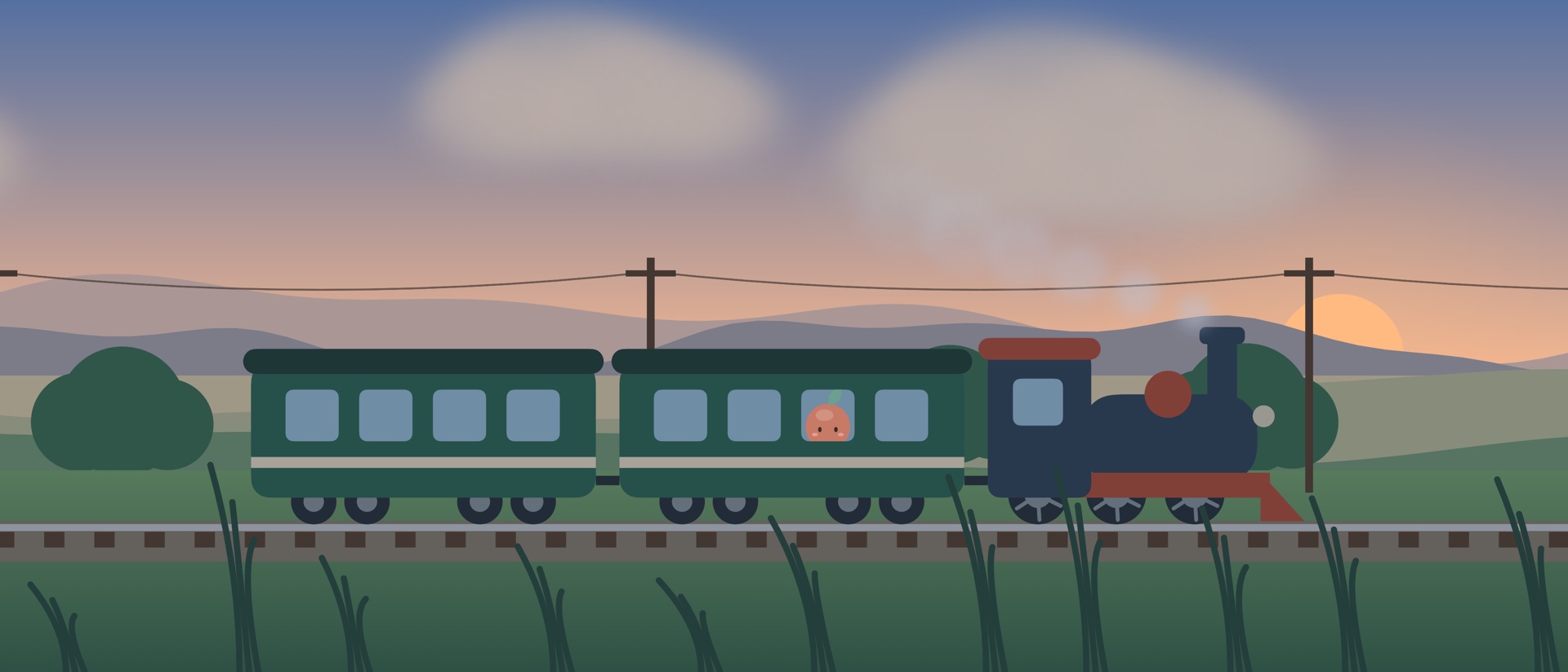 Lepomo's train crossing the countryside at sunset